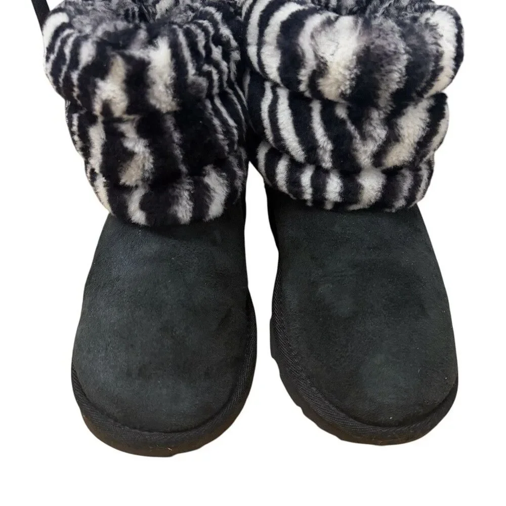 UGG Big Kids Sz 2 Fluff Mini Quilted Zebra Black White Suede Fur Boots